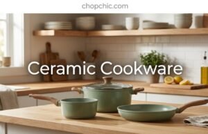 Is Ceramic Cookware Safe? The Truth Behind Non-Stick Coatings A pristine ceramic-coated skillet resting on a modern induction stovetop alongside fresh vegetables, visually highlighting its smooth, brightly colored, and toxin-free cooking surface.