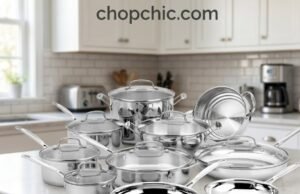 Cuisinart 17-Piece Stainless Steel Cookware Set Review A comprehensive 17-piece Cuisinart stainless steel cookware set arranged systematically on a kitchen island, prominently displaying its polished exterior finish, tempered glass lids, and the thick, encapsulated aluminum-core base of an overturned frying pan.