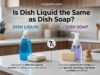 Is Dish Liquid the Same as Dish Soap? The Chemistry of Kitchen Cleanup A side-by-side comparison at a kitchen sink displaying a rustic block of traditional, saponified dish soap next to a clear plastic bottle of vibrant synthetic dish liquid, with a running faucet in the background to emphasize their interaction with water.