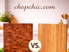 End-Grain vs. Edge-Grain Cutting Boards: What’s the Difference? A detailed close-up comparing two wooden prep surfaces: one side displaying the distinct, checkerboard-like vertical wood fibers of an end-grain block, and the other showing the long, continuous horizontal strips characteristic of an edge-grain board.