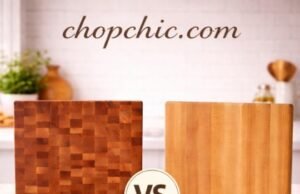 End-Grain vs. Edge-Grain Cutting Boards: What’s the Difference? A detailed close-up comparing two wooden prep surfaces: one side displaying the distinct, checkerboard-like vertical wood fibers of an end-grain block, and the other showing the long, continuous horizontal strips characteristic of an edge-grain board.