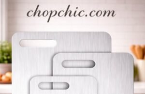 GoodArtificer Titanium Cutting Board Review: Hygienic Marvel or Knife Killer? A sleek, brushed titanium cutting board by GoodArtificer resting on a clean kitchen counter, featuring a sharp professional chef's knife slicing through a vibrant red bell pepper on its highly reflective metallic surface.
