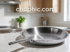 Heritage Steel Eater Series Review: The Ultimate 5-Ply Pan? A gleaming 5-ply stainless steel frying pan from the Heritage Steel Eater Series resting on a modern gas burner, featuring a perfectly seared steak to highlight its thick, multi-layered heat distribution, with the text "chophic.com" displayed cleanly at the top of the image.