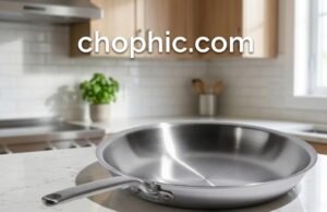 Heritage Steel Eater Series Review: The Ultimate 5-Ply Pan? A gleaming 5-ply stainless steel frying pan from the Heritage Steel Eater Series resting on a modern gas burner, featuring a perfectly seared steak to highlight its thick, multi-layered heat distribution, with the text "chophic.com" displayed cleanly at the top of the image.