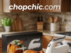 Homaider Electric Knife Review: Precision Slicing with Dual Blades A sleek Homaider electric knife resting on a granite kitchen island next to a roasted turkey and a crusty sourdough loaf, showcasing its interchangeable stainless steel meat and bread blades alongside the engaged safety lock switch.