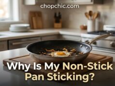 Why Is My Non-Stick Pan Sticking? (And How to Fix It) A heavily used non-stick skillet showing stubborn, burnt-on food residue, positioned on a kitchen counter next to a glass bowl of white vinegar and a measuring spoon of baking soda.