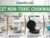 The Best Non-Toxic Cookware: A Complete Safety Guide A side-by-side view of three premium cookware alternatives: a titanium pan searing salmon, a ceramic skillet sautéing vegetables, and a 5-ply stainless steel pan searing steak, arranged on a modern stovetop to illustrate non-toxic options replacing scratched Teflon.