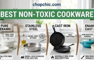 The Best Non-Toxic Cookware: A Complete Safety Guide A side-by-side view of three premium cookware alternatives: a titanium pan searing salmon, a ceramic skillet sautéing vegetables, and a 5-ply stainless steel pan searing steak, arranged on a modern stovetop to illustrate non-toxic options replacing scratched Teflon.