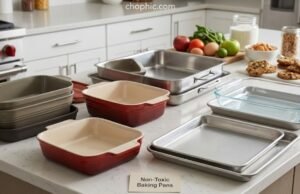Best Non-Toxic Baking Pans: The Ultimate Guide to Safe Bakeware A comparative photograph taken in an artisan bakery kitchen, showcasing three fresh baked goods emerging from a brick oven. A stainless steel pan holds roasted root vegetables, a glazed ceramic loaf pan contains a sourdough loaf, and a carbon steel pie dish holds an apple tart, illustrating non-toxic baking options.