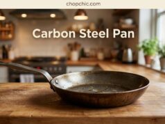 Is Teflon Bad For You? PTFE & Scratched Pans Explained A heavily used non-stick frying pan with visible, deep scratches across its dark PTFE coating, resting on a stovetop beside a metal spatula.