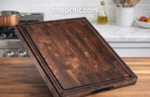 Sonder LA Alfred Review: Ultimate Walnut Wood Cutting Board A thick, dark walnut end-grain Sonder Los Angeles cutting board resting on a bright countertop, showcasing a high-end Japanese Santoku knife alongside the board's integrated sorting compartments and deep juice groove.