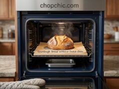 Sourdough Bread Without Dutch Oven: 3 Hacks A home oven interior featuring a baking steel holding a rising sourdough loaf, positioned directly above a heavy roasting pan filled with heated lava rocks and melting ice cubes releasing thick plumes of vapor.