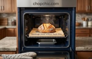 Sourdough Bread Without Dutch Oven: 3 Hacks A home oven interior featuring a baking steel holding a rising sourdough loaf, positioned directly above a heavy roasting pan filled with heated lava rocks and melting ice cubes releasing thick plumes of vapor.