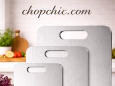 Sufkodu Titanium Cutting Board Review: The Ultimate Odor-Free Prep Station? A multi-piece set of brushed Sufkodu titanium cutting boards in varying sizes arranged on a modern kitchen counter, with freshly diced herbs and a Japanese chef's knife resting on the primary prep surface to highlight its sleek, non-porous finish.