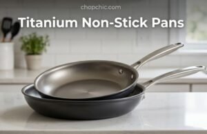 Is Titanium Non-Stick Pans Safe? The Real Story A sleek, dark-grey ceramic-infused titanium frying pan resting on a bright induction stovetop, featuring a perfectly cooked, unblemished omelet to showcase its non-toxic, stick-resistant surface without the use of synthetic polymers.