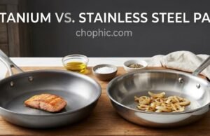 Titanium vs. Stainless Steel Pan: Which One Should You Buy? A side-by-side comparison on a modern stovetop featuring a sleek, dark-grey titanium skillet next to a heavy-gauge, polished stainless steel frying pan, both displaying completely uncoated, toxin-free cooking surfaces.