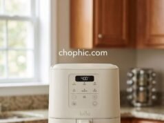 EverGood Ceramic Performance: Bella Slim Air Fryer Technical Analysis A technical infographic photograph analyzing the features of the Bella 4Qt Slim Air Fryer on a quartz kitchen countertop. The air fryer, in matte black, is front and center. Various callout text elements with clean lines and icons, in a high-tech review style, illustrate the analyzed points. One callout points to the drawer revealing its grey EverGood™ ceramic coating. Another uses arrows to emphasize its narrow space-saving vertical body. Near the control panel, a sound wave icon with user feedback ratings reads 'User Noise Feedback'. A website watermark is at the top of the image.