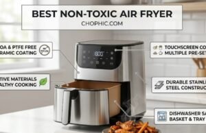 Best Non-Toxic Air Fryer: 4 Tech-Forward Picks for a Clean Kitchen A professional comparative photograph of three non-toxic air fryer types on a modern kitchen counter: a model with a transparent glass basket showing crispy sweet potato fries, a model with a white ceramic-coated interior, and a sleek stainless steel toaster-oven style air fryer. The lighting is bright and clean. A website watermark is positioned at the very top center of the frame.