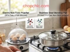 The Best Non-Toxic Egg Poachers: Stainless Steel vs. Electric A comparative photograph in a modern kitchen, contrasting a compact, electric egg poacher with a clear BPA-free dome lid actively poaching eggs, against a classic 304 stainless steel stovetop poacher pan with a glass lid and multiple cups over a lit gas burner. Diagram overlays and text define the non-toxic materials for each, illustrating a healthy breakfast preparation.