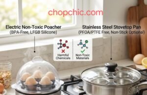 The Best Non-Toxic Egg Poachers: Stainless Steel vs. Electric A comparative photograph in a modern kitchen, contrasting a compact, electric egg poacher with a clear BPA-free dome lid actively poaching eggs, against a classic 304 stainless steel stovetop poacher pan with a glass lid and multiple cups over a lit gas burner. Diagram overlays and text define the non-toxic materials for each, illustrating a healthy breakfast preparation.