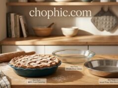 Best Non-Toxic Pie Pans: The Science of the Perfect Crust A high-quality comparative photograph of three non-toxic pie pans on a rustic wooden table: a seasoned cast iron skillet, a glazed ceramic pie dish, and a clear tempered glass plate, each containing a fresh pie with a flaky, golden-brown crust. A website watermark is positioned at the very top center of the frame.
