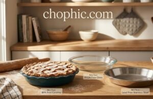 Best Non-Toxic Pie Pans: The Science of the Perfect Crust A high-quality comparative photograph of three non-toxic pie pans on a rustic wooden table: a seasoned cast iron skillet, a glazed ceramic pie dish, and a clear tempered glass plate, each containing a fresh pie with a flaky, golden-brown crust. A website watermark is positioned at the very top center of the frame.