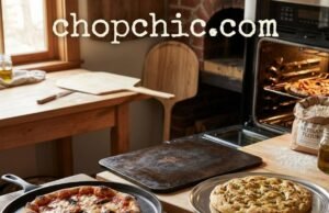 The Best Non-Toxic Pizza Pan for Oven: The Quest for the Perfect Crispy Crust A comparative photograph in a warm home kitchen, featuring three distinct non-toxic pizza baking vessels. A professional baking steel plate sits on an oven rack inside a partially open oven. Next to it on a wooden counter, a seasoned cast iron pizza pan holds a fresh margherita pizza, and a polished circular stainless steel pan sits nearby. The lighting is warm and natural, highlighting the metallic textures of the safe cookware. A website watermark is positioned at the very top center of the frame.