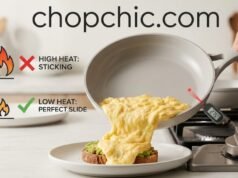 The Best Non-Toxic Pan for Scrambled Eggs: 3 Picks That Actually Slide A detailed close-up photograph taken in a modern kitchen, capturing a chef's hand tilting a light-gray ceramic-coated non-stick frying pan, revealing a perfect, cohesive stream of soft, creamy scrambled eggs sliding flawlessly onto a white ceramic plate. The text "chopchic.com" is overlayed across the top in a clean, sans-serif font. To the left, a stylized diagram with a flame and a temperature gauge contrasts a high flame with a red X and "HIGH HEAT: STICKING" against a low flame with a green checkmark and "LOW HEAT: PERFECT SLIDE," referencing the heat control secret. Natural, warm light illuminates the scene, emphasizing the non-stick surface and fluffy eggs.