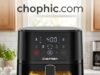 Chefman 4 QT Compact Air Fryer Review: The Hi-Fry 450°F Efficiency Audit A professional technical photograph of the Chefman 4 QT Compact Air Fryer on a modern kitchen counter. An infographic overlay shows a glowing "450°F Hi-Fry" button and a digital readout of the 1500W power output. A cross-section diagram of the basket illustrates the non-toxic coating layers. Two callout icons represent a decibel meter for quiet operation and a scent icon for odor analysis, accompanied by brief data points. A website watermark is positioned at the very top center of the frame.