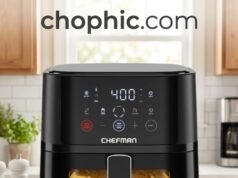 Chefman 4 QT Compact Air Fryer Review: The Hi-Fry 450°F Efficiency Audit A professional technical photograph of the Chefman 4 QT Compact Air Fryer on a modern kitchen counter. An infographic overlay shows a glowing "450°F Hi-Fry" button and a digital readout of the 1500W power output. A cross-section diagram of the basket illustrates the non-toxic coating layers. Two callout icons represent a decibel meter for quiet operation and a scent icon for odor analysis, accompanied by brief data points. A website watermark is positioned at the very top center of the frame.