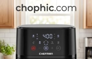 Chefman 4 QT Compact Air Fryer Review: The Hi-Fry 450°F Efficiency Audit A professional technical photograph of the Chefman 4 QT Compact Air Fryer on a modern kitchen counter. An infographic overlay shows a glowing "450°F Hi-Fry" button and a digital readout of the 1500W power output. A cross-section diagram of the basket illustrates the non-toxic coating layers. Two callout icons represent a decibel meter for quiet operation and a scent icon for odor analysis, accompanied by brief data points. A website watermark is positioned at the very top center of the frame.