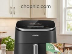 Cosori TurboBlaze 6 QT Review: High-Speed Ceramic Performance A close-up photograph of a matte black Cosori TurboBlaze Air Fryer sitting on a light gray quartz kitchen countertop. The basket is slightly pulled out, revealing a glossy, dark ceramic coating (PFAS-free) and filled with perfectly air-fried, golden-brown chicken wings. A stylized infographic inlay on the bottom-right corner illustrates a simplified 5-speed DC motor diagram, and the text "chopchic.com" is cleanly rendered at the top-right corner of the visual.