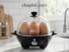 Dash Rapid Egg Cooker Review: Is the Hype Scientifically Justified? A detailed close-up of the compact Dash Rapid Egg Cooker on a bright kitchen counter, featuring its clear, BPA-free dome lid and internal egg tray, with a diagrammatic overlay highlighting the automatic shut-off thermal sensor located beneath the stainless steel heating plate.