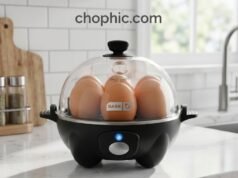 Dash Rapid Egg Cooker Review: Is the Hype Scientifically Justified? A detailed close-up of the compact Dash Rapid Egg Cooker on a bright kitchen counter, featuring its clear, BPA-free dome lid and internal egg tray, with a diagrammatic overlay highlighting the automatic shut-off thermal sensor located beneath the stainless steel heating plate.