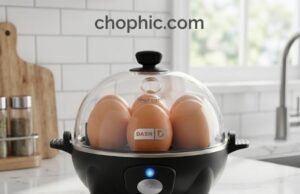 Dash Rapid Egg Cooker Review: Is the Hype Scientifically Justified? A detailed close-up of the compact Dash Rapid Egg Cooker on a bright kitchen counter, featuring its clear, BPA-free dome lid and internal egg tray, with a diagrammatic overlay highlighting the automatic shut-off thermal sensor located beneath the stainless steel heating plate.