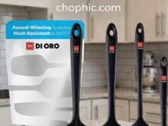 DI ORO Seamless Spatula Review: The 600ยฐF Kitchen Essential A close-up photograph displaying the sleek, black DI ORO Seamless Spatula set on a modern kitchen counter, emphasizing its continuous, unibody design. One spatula is shown actively resting against the edge of a hot skillet to demonstrate its 600ยฐF heat resistance, highlighting the absence of any seams where bacteria or mold could hide.