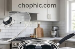 Eggssentials 4-Cup Poacher Review: Professional Performance for Every Stovetop A detailed view of the gleaming stainless steel Eggssentials 4-Cup Poacher pan situated on a kitchen stovetop. The clear, vented glass lid covers four individual non-stick, PFOA-free poaching cups, emphasizing the pan's thick, 3-ply encapsulated base designed for even heat distribution.