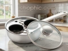Excelsteel 2-Cup Egg Poacher Review: The Stainless Steel Minimalist A close-up photograph of a gleaming Excelsteel 2-Cup Egg Poacher resting on a modern stovetop. The vented glass lid reveals two perfectly poached eggs sitting in the stainless steel cups, highlighting the heavy-duty metal construction and the complete absence of plastic components.