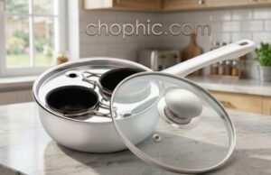 Excelsteel 2-Cup Egg Poacher Review: The Stainless Steel Minimalist A close-up photograph of a gleaming Excelsteel 2-Cup Egg Poacher resting on a modern stovetop. The vented glass lid reveals two perfectly poached eggs sitting in the stainless steel cups, highlighting the heavy-duty metal construction and the complete absence of plastic components.