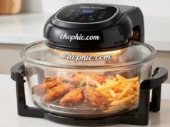 Glass Air Fryer Analysis: Engineering the Non-Toxic Kitchen A professional comparative photography of three high-end glass air fryers on a modern kitchen countertop: a model with a heating pod mounted on a glass container, a large halogen oven style with a circular glass bowl, and a drawer-style air fryer with a transparent glass basket. The image highlights the transparency of the cooking environments and the robust build of each unit. A website watermark is positioned at the very top center of the frame.