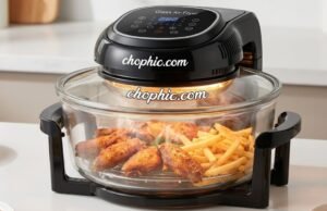 Glass Air Fryer Analysis: Engineering the Non-Toxic Kitchen A professional comparative photography of three high-end glass air fryers on a modern kitchen countertop: a model with a heating pod mounted on a glass container, a large halogen oven style with a circular glass bowl, and a drawer-style air fryer with a transparent glass basket. The image highlights the transparency of the cooking environments and the robust build of each unit. A website watermark is positioned at the very top center of the frame.