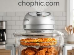 Halogen Convection Physics: The Granitestone 16Qt Glass Air Fryer Analysis A professional technical photograph captured in a modern, light-filled kitchen, focusing on the Granitestone 16Qt Halogen Oven with an active cooking process inside. The sleek black appliance with metallic accents sits on a white quartz countertop. Its tempered glass lid reveals a whole roasted turkey and vegetables, emphasizing the massive 16-quart capacity. A glowing halogen element is active. Integrated callouts point from a nearby printed document to the appliance: one with a green checkmark regarding 'Halogen Bulb Durability (by A. Kanter)' and another with a molecule icon regarding 'Non-Toxic Safety (by Larry)'. A digital thermometer probe is shown inserting into the turkey, reading a safe high internal temperature. Natural light from a window in the background illuminates the scene, highlighting textures. A website watermark is positioned at the very top of the image.