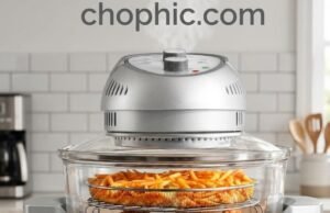 Halogen Convection Physics: The Granitestone 16Qt Glass Air Fryer Analysis A professional technical photograph captured in a modern, light-filled kitchen, focusing on the Granitestone 16Qt Halogen Oven with an active cooking process inside. The sleek black appliance with metallic accents sits on a white quartz countertop. Its tempered glass lid reveals a whole roasted turkey and vegetables, emphasizing the massive 16-quart capacity. A glowing halogen element is active. Integrated callouts point from a nearby printed document to the appliance: one with a green checkmark regarding 'Halogen Bulb Durability (by A. Kanter)' and another with a molecule icon regarding 'Non-Toxic Safety (by Larry)'. A digital thermometer probe is shown inserting into the turkey, reading a safe high internal temperature. Natural light from a window in the background illuminates the scene, highlighting textures. A website watermark is positioned at the very top of the image.
