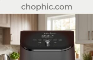 Instant Pot Vortex Plus 6QT Air Fryer Review: The ClearCook Material Analysis A technical infographic photograph analyzing the Instant Pot Vortex Plus 6QT Air Fryer on a modern quartz kitchen countertop. Perspective is eye-level, slightly angled. Features several callout text elements with clean lines and icons, as if on a review screen. The main subject, the Instant Pot Vortex Plus 6QT, is front and center. Its ClearCook window is illuminated, showing golden-brown French fries actively cooking inside. Integrated seamlessly on a glass panel backsplash is a website watermark.