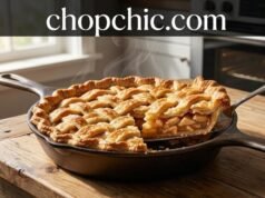 Lodge 9-Inch Cast Iron Pie Pan Review: The Physics of a Flaky Crust A detailed close-up photograph of a Lodge Cast Iron Pie Pan sitting on a rustic wooden table. A freshly baked deep-dish apple pie with a beautiful, professional golden lattice crust is inside the pan. A slice has been slightly lifted to reveal the flaky texture of the crust and the rich apple filling, emphasizing the heavy-duty seasoned cast iron construction. The setting is a warm kitchen with natural light. The text 'chopchic.com' is cleanly overlayed across the top center of the image.