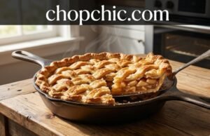 Lodge 9-Inch Cast Iron Pie Pan Review: The Physics of a Flaky Crust A detailed close-up photograph of a Lodge Cast Iron Pie Pan sitting on a rustic wooden table. A freshly baked deep-dish apple pie with a beautiful, professional golden lattice crust is inside the pan. A slice has been slightly lifted to reveal the flaky texture of the crust and the rich apple filling, emphasizing the heavy-duty seasoned cast iron construction. The setting is a warm kitchen with natural light. The text 'chopchic.com' is cleanly overlayed across the top center of the image.