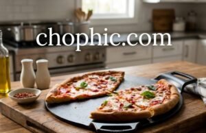 Lodge 15-Inch Cast Iron Pizza Pan Review: The Heirloom Crust Maker An eye-level photograph of a seasoned, dark black Lodge Cast Iron Pizza Pan on a rustic wooden kitchen island, holding a fresh pepperoni pizza with a perfectly charred, crispy crust. The pan features the iconic small loop handles and a slightly rough iron texture. The rimless design allows the pizza to slide easily. Steam rises gently. A blurred background shows a warm kitchen with an open oven. A website watermark is positioned at the very top center of the frame.