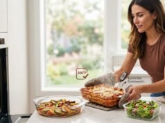 MCIRCO Borosilicate Glass Pie Plates Review: The Clarity of a Perfect Bake A confident woman in a modern kitchen removes a steaming lasagna dish, part of the MCIRCO Borosilicate Glass Set, from a 560°F oven with oven mitts and places it directly on a counter trivet, with other glass dishes holding colorful baked vegetables and fresh salad nearby. A thermometer indicates accurate internal temperatures, and a graphic shows thermal shock resistance, illustrating the elimination of guesswork. A window shows a soft blurred background, and a website name is subtly printed on a kitchen towel.
