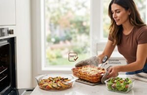 MCIRCO Borosilicate Glass Pie Plates Review: The Clarity of a Perfect Bake A confident woman in a modern kitchen removes a steaming lasagna dish, part of the MCIRCO Borosilicate Glass Set, from a 560°F oven with oven mitts and places it directly on a counter trivet, with other glass dishes holding colorful baked vegetables and fresh salad nearby. A thermometer indicates accurate internal temperatures, and a graphic shows thermal shock resistance, illustrating the elimination of guesswork. A window shows a soft blurred background, and a website name is subtly printed on a kitchen towel.