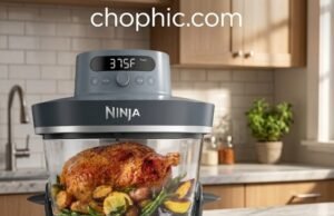 Modular Glass Engineering: Ninja Crispi Pro 6-in-1 Analysis A technical photography of the 1800W Ninja Crispi Pro portable cooking system in a modern kitchen, with the sleek heating pod mounted atop the durable 6-quart borosilicate glass pot. Golden-brown roasted potatoes are visible inside the transparent vessel. Heat waves are subtly illustrated rising from the glass to emphasize thermal performance. Natural lighting, high-end appliance aesthetic. A watermark logo is positioned at the top center of the visual.